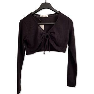 Nordstrom Elodie | Elodie Black Front Tie Long Sleeve Waffle Knit Crop Top